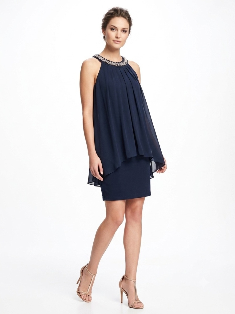 En Focus Studio Navy Embellished Chiffon Overlay Cocktail Dress Size 8